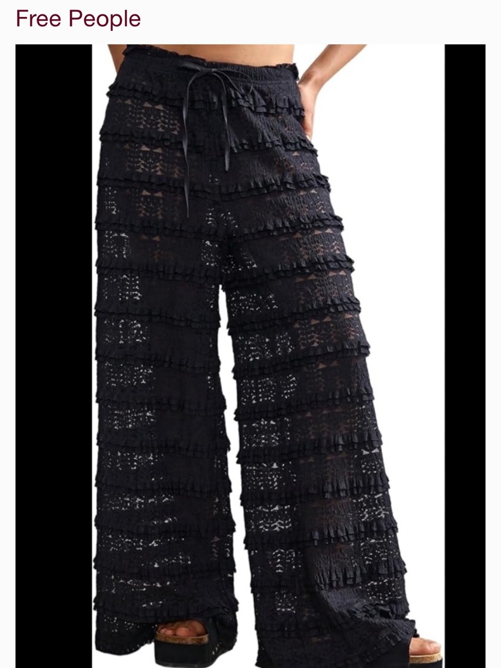 Free People Black Crochet Wide-Leg Ruffle Pants
